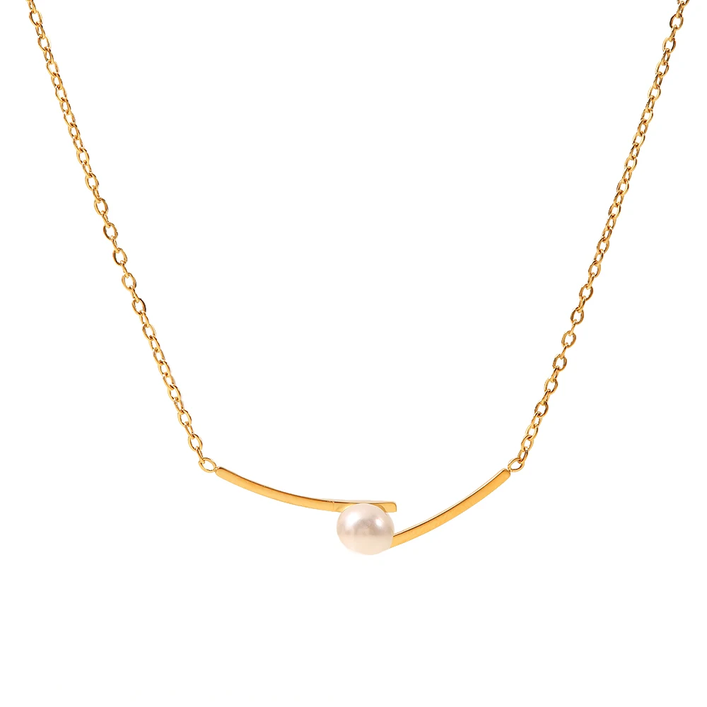 

New Trend Stainless Steel Link Chain Cross Necklace Bar White Pearl Charm Necklace for Women