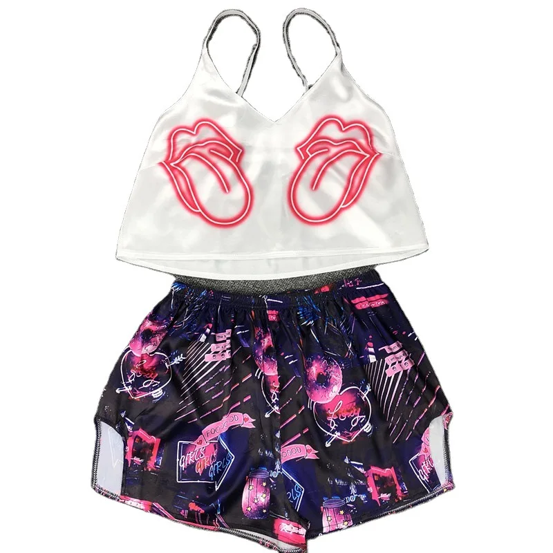 

Sexy Satin cartoon print suspender vest Shorts PAJAMAS two piece suit women's silk fabric pajamas for girls, As picture