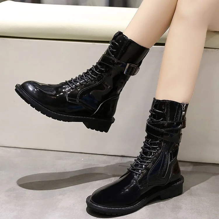 

Latest New Durable Winter Mid Calf Zipper Boots PU Leather Lady Booties Flat Heel Lady Leather Boots Women Shoes