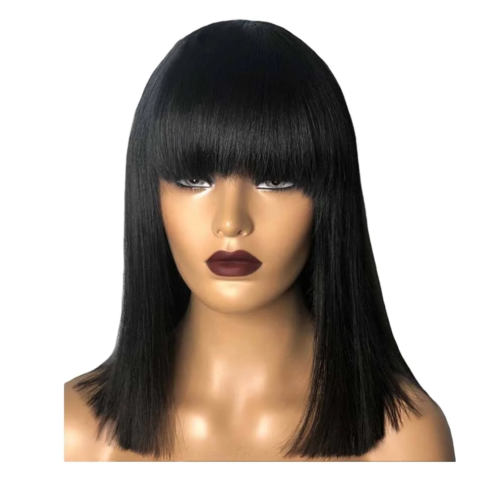 

Short Bob Wig Lace Front Straight Human Hair Blend Wig Pre-Plucked Natural Color Remy Hair Perruque Wigs Human Hair with Bangs, Natural colors