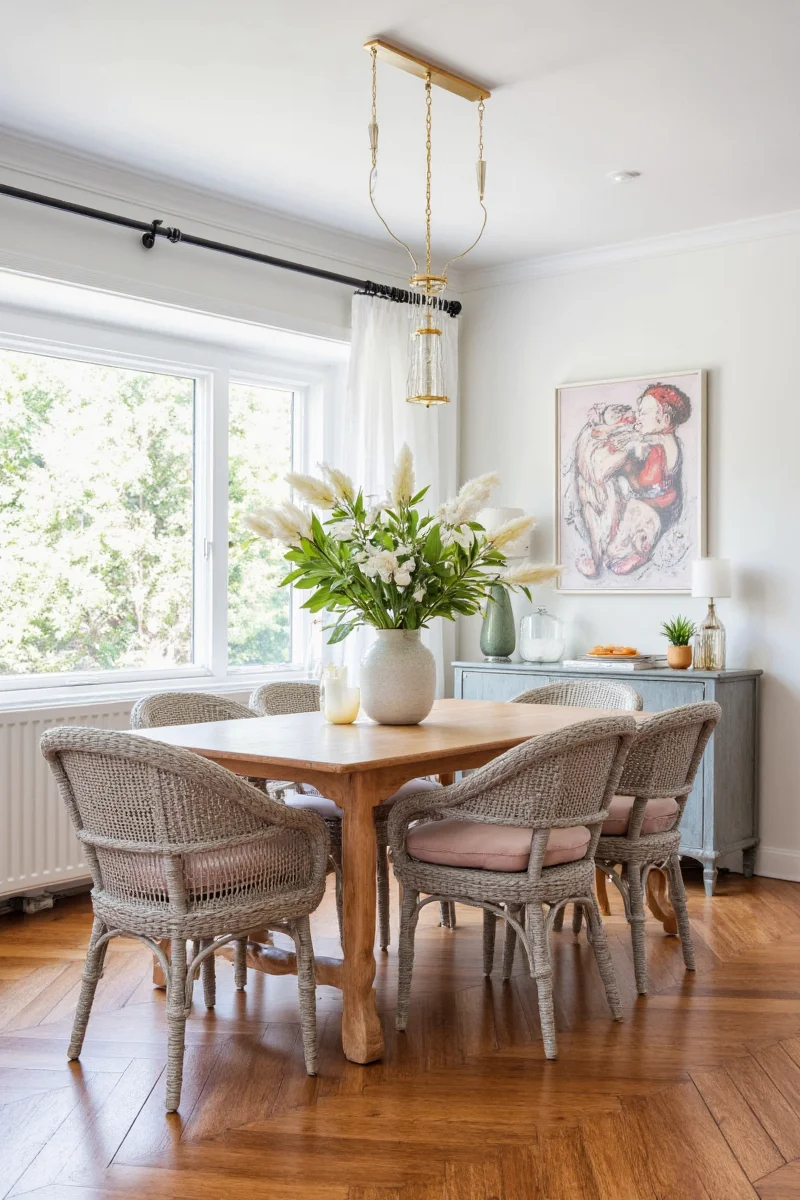 Warm pendant lighting over a bistro table