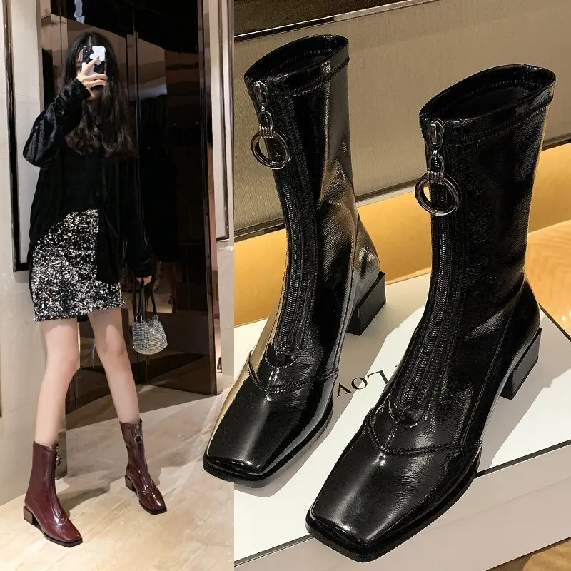 

Shiny PU Custom Leisure Square Ladies Boots Women Front Zip Platform Boots Wholesale With Low MOQ