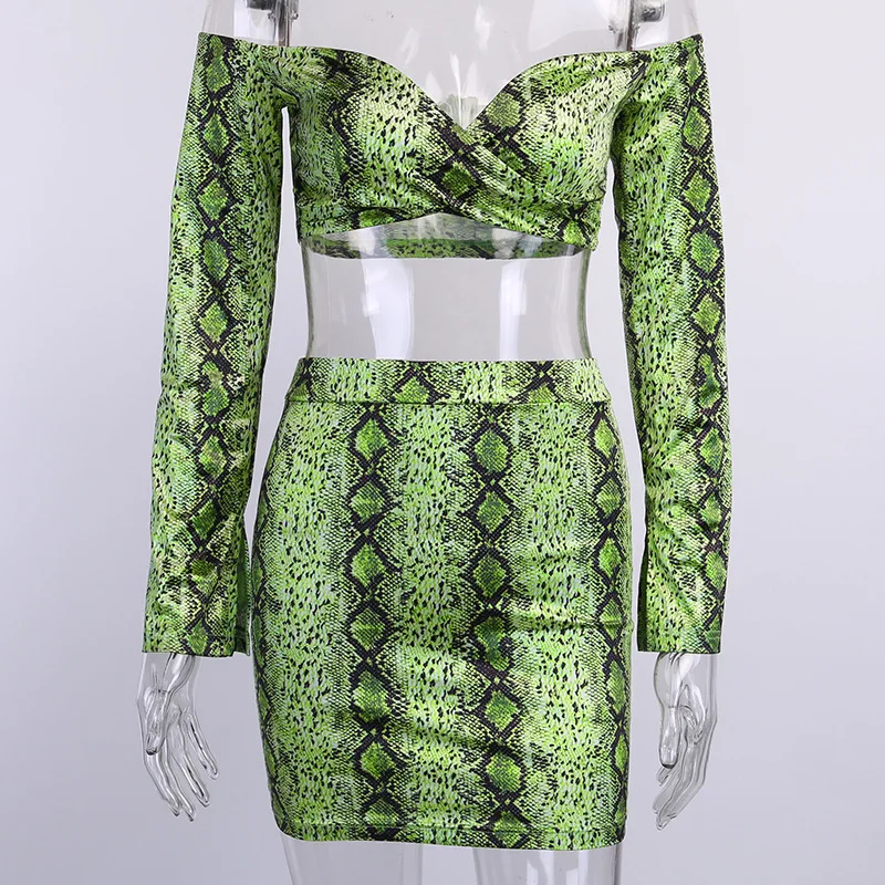 

2019 fashion design fancy women casual long sleeve snakeskin blouse and skirt two piece set