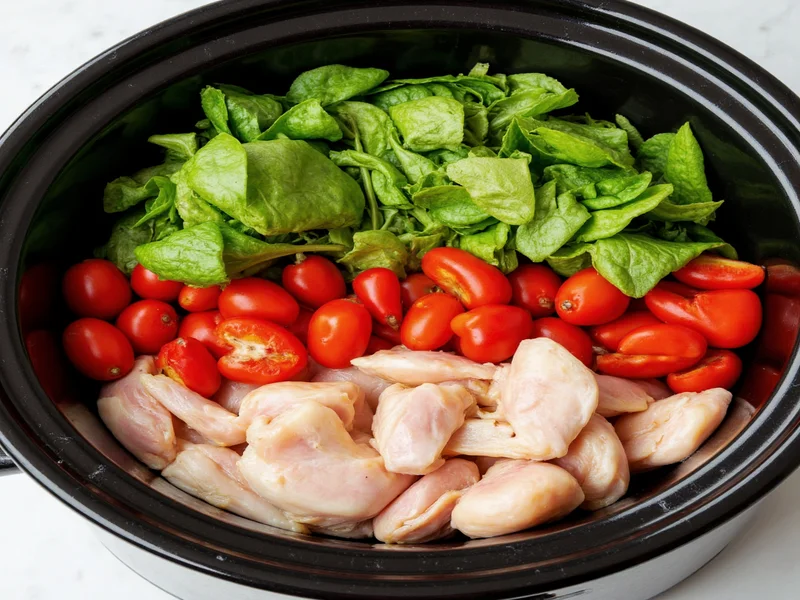 Fresh vegetables and chicken layered in crock pot before cooking