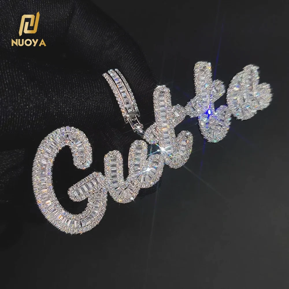 Personalized Custom Baguette Initial Letter Pendant Bling Zircon White Gold Capital Alphabet Name Necklace