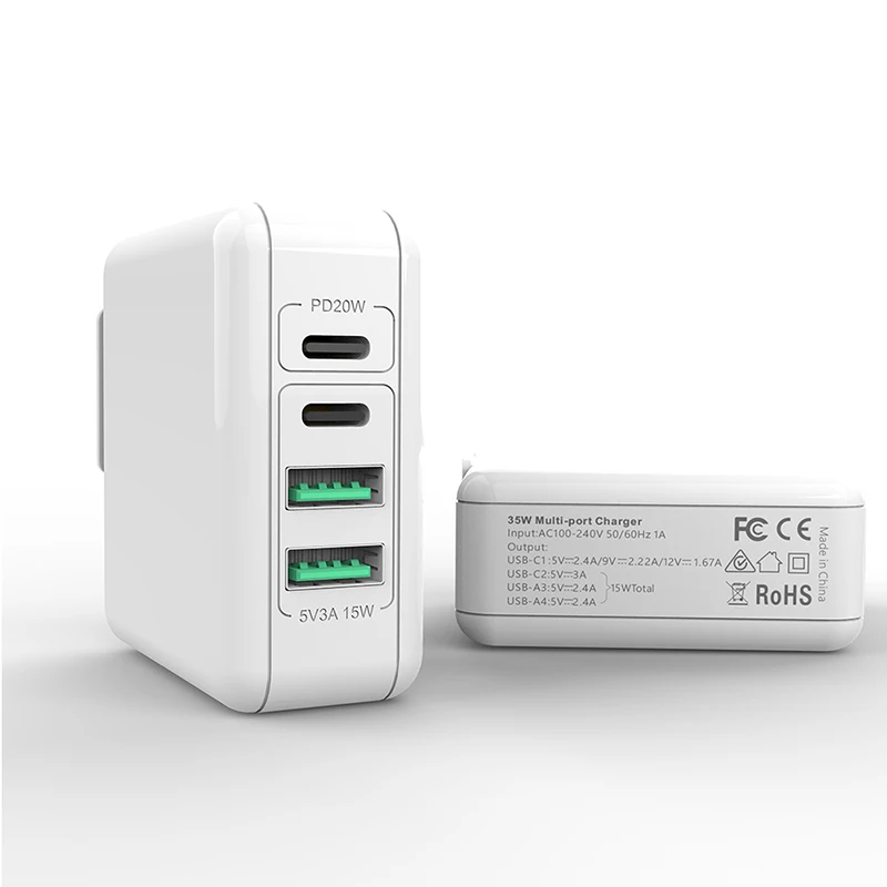 

4 Port Usb C Quick Charger 35W Portable Mini US EU UK Plug Replaceable PD3 Power Adapter Multi Port Fast Travel Wall Charger, White