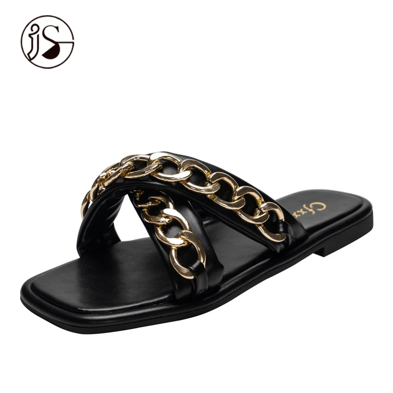 

2021 customized outdoor women's fashion sandals metal chain cross slippers non-slip flip-flops women's slippers, Customized colors