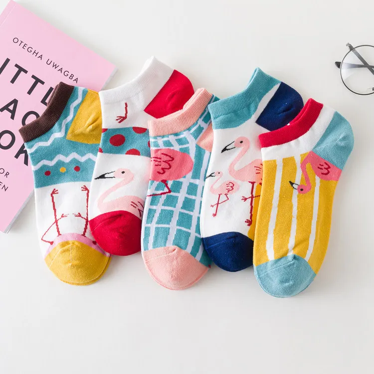 

High Quality Cute Vivid Color Flamingo Pattern Plaid Cotton Sock Girls Autumn Ankle Socks Comfortable Boat Socks