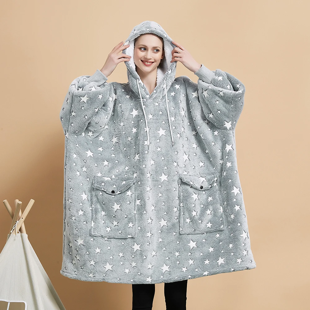 

Oversized with double pocket fleece hoodie blanket for adult winter Keep Warm Home Wearable Sherpa Fleece hoodie blanket