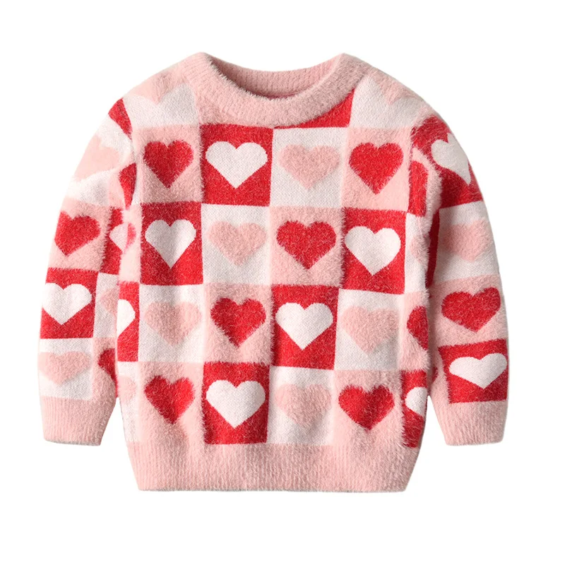 

2019 Hot sale Winter Girls Warm New Designs Heart Point Crew Neck Square Fashion Knitted Pullover Kids Sweater, Customize