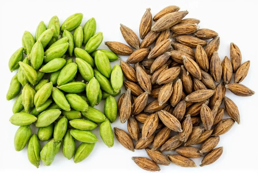 Side-by-side comparison of fresh green cardamom pods next to stale, dried-out pods showing the visual differences that indicate aromatic quality