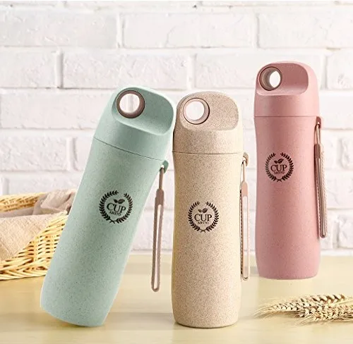 

QIAN HU 420ml Portable Leakproof Eco Friendly Healthy Biodegradable Wheat Straw Drinking Water Bottle, Pink,yellow,blue and customize color