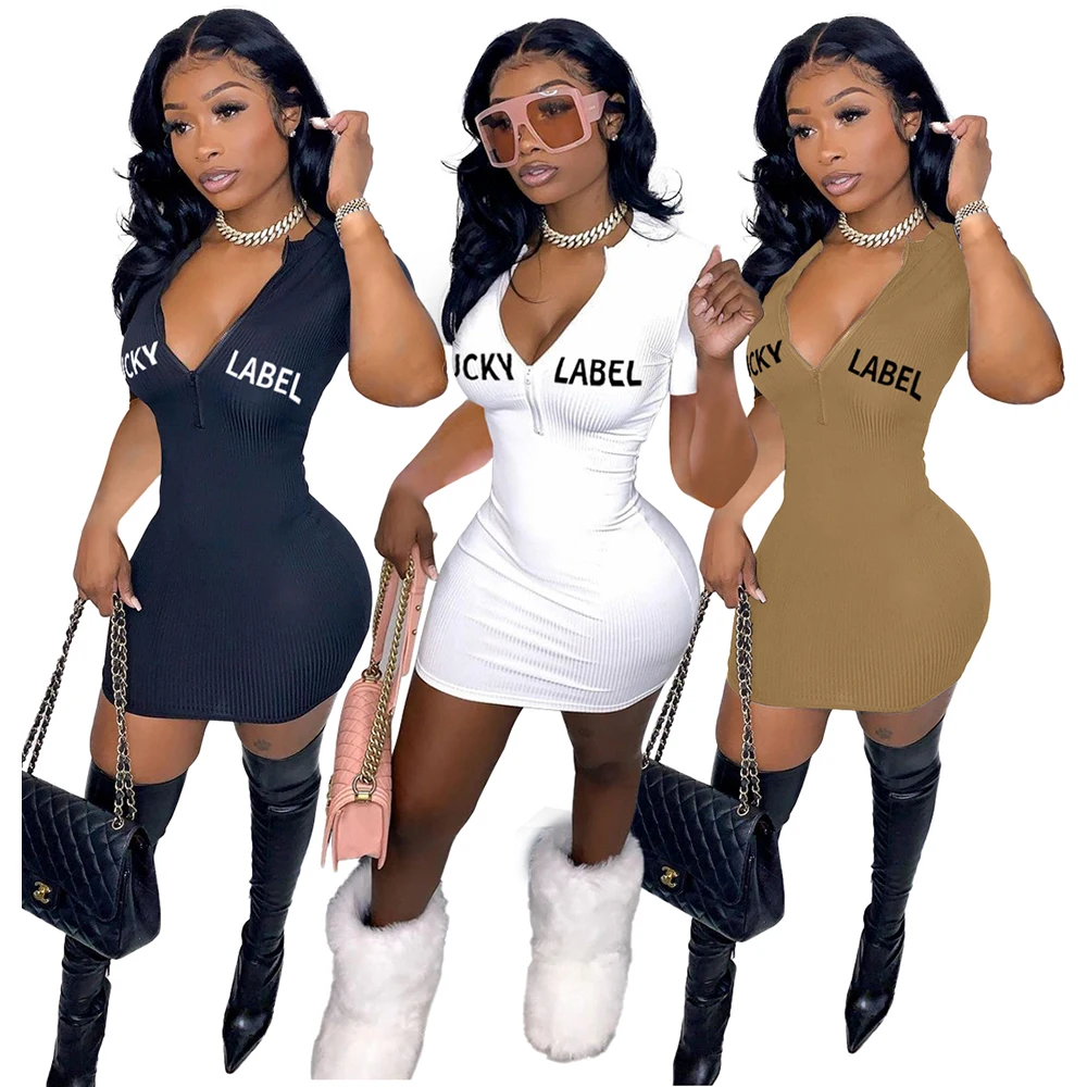 

Fashion Zip-Up Letter Printed Urban Clothes Casual Sexy Summer Short Sleeve Bodycon Dress Lucky Label Zipper Dress Women 2021