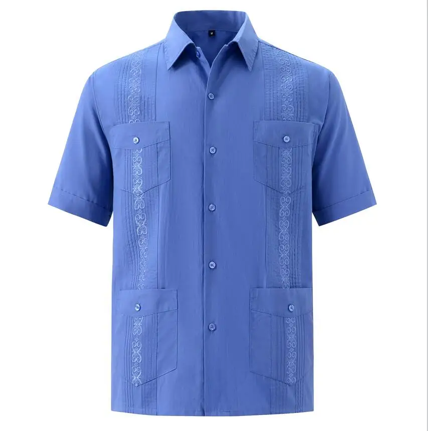 

High quality Men's Short Sleeve Embroidery Mexican Cuban Guayabera shirts, As picture
