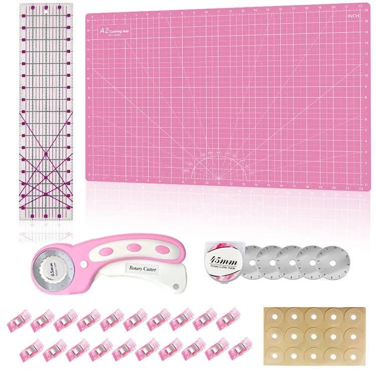 Quilting Tool Kit With 5 Extra Blades,A2 Cutting Mat,Patchwork Ruler,Sewing Clips Rotary Cutter