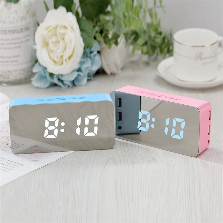 
snooze light digital led mirror alarm clock with 2 usb charger charging ports 