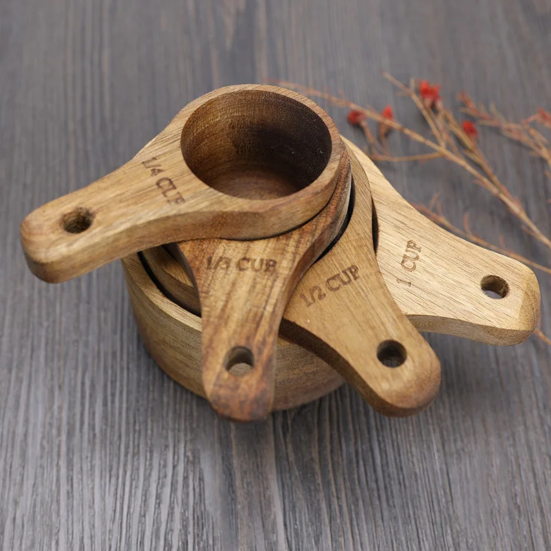 

2022 Zero Waste Acacia Wooden Measuring Cups Custom Logo Kitchen Baking Cooking Measuring Cup Set for Rice Water Espresso