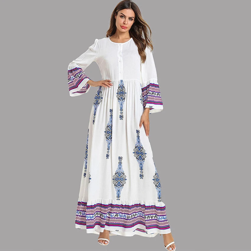 

Fashion Long Sleeve Plus Size Women's abaya muslim dresses long moslem islamic clothing Front Breastfeeding Printing Casual Dres