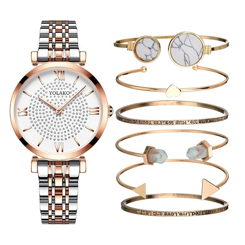 

Watch + bracelet Set (7PCs/Set) Women's fashion luxury steel strap quartz watch student gift set for girls, 2 colors