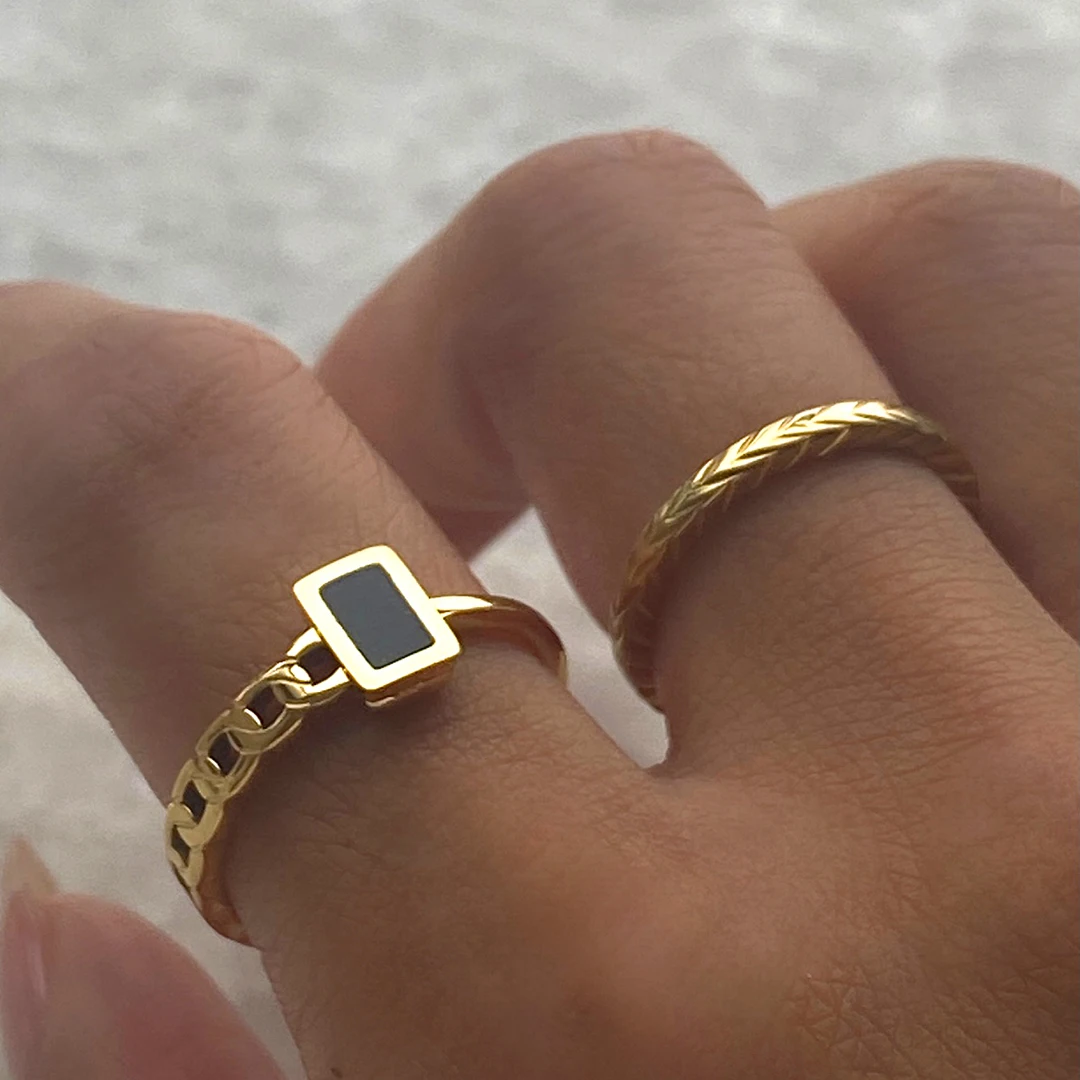 

2 Designs Square Black Enamel 18K Gold Plated Rings Arrow Geometric Thin Leaf Rings Vintage Minimalist Stainless Steel Jewelry