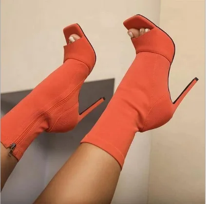 

Fall fashion solid color stiletto low-top women's high heels women boots, Black,orange