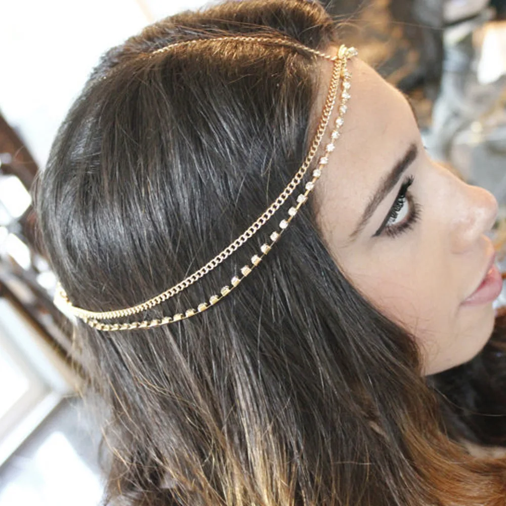 

Bohemian Metal Tassel Head Chain Bling Crystal Women's Headband Head Wear Decorative Hanging Accessories Hair Chain, Sliver gold