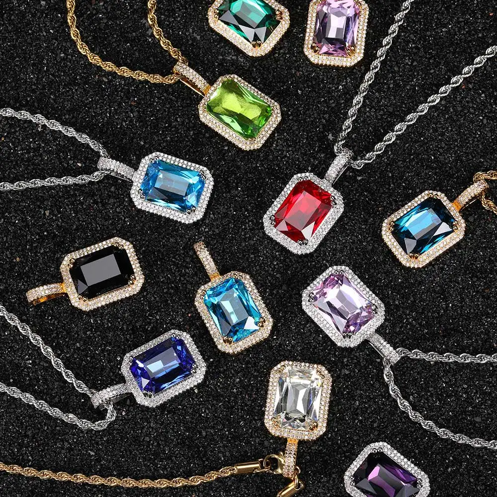 Punk Style Rrectangular Zircon Gold Silver Large Gemstone Iced Out Square Gem Stone Charm Pendant