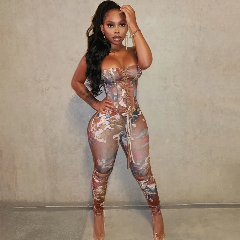 

2021 lady girl spring Womens Clothing Piece Corset Jumpsuit Sexy Bodycon Printed Slim Sweat Suits Women 1 one Piece Lace up Sets