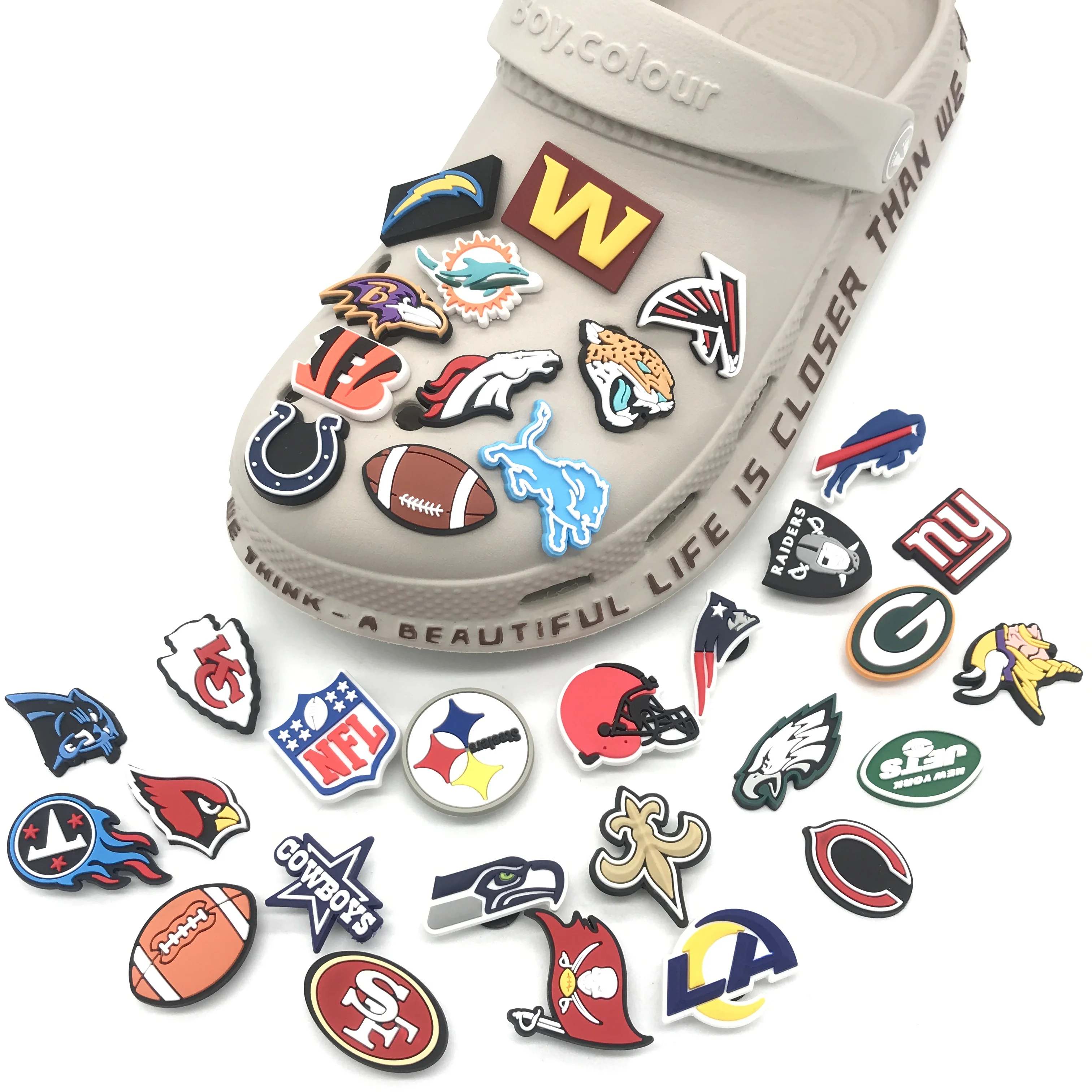 

2022 Wholesale new design Custom Shoe Charms Basketball rugb Team Football Accessories PVC Shoe Charms for Girls Kids Gift, Picture