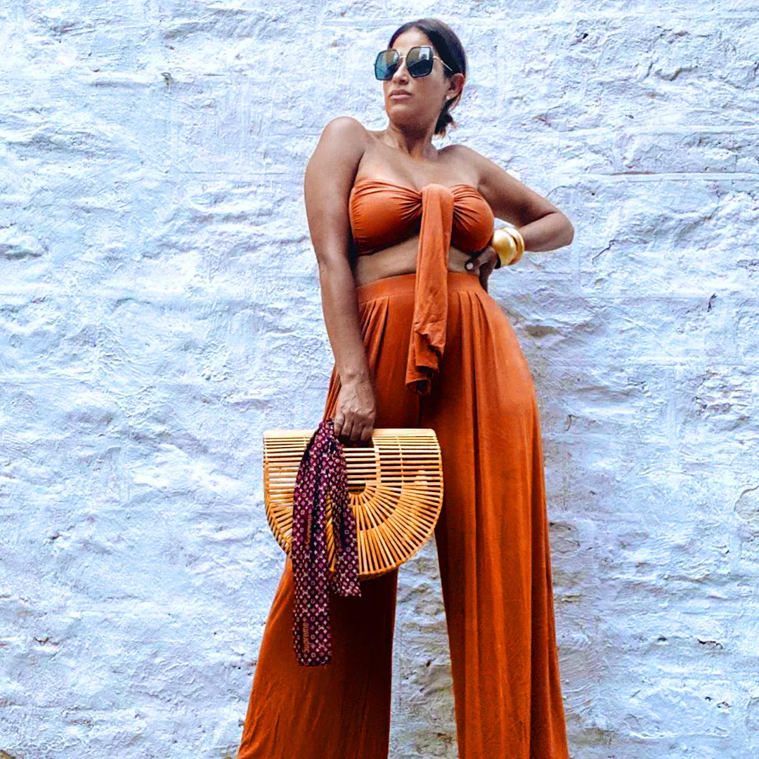 

Miingstyle Hollow out Lucky Label Elegant Sleeveless Top and Pants Fashion Orange Sexy Summer Two Piece Pants Set 2021