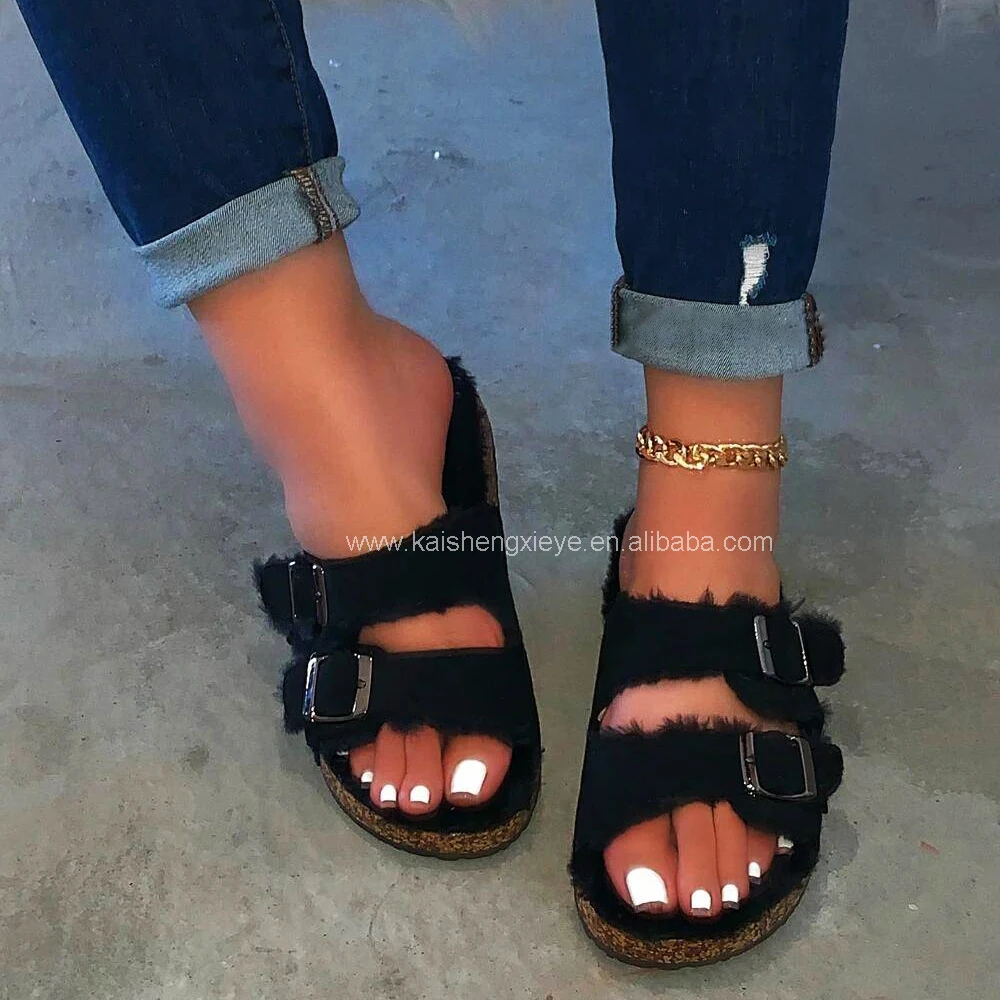 

New Plush Fur Women's Slides Slippers Ins Amazon Fashion Cork Sandals for Women Summer Outdoor Beach Flat Slipper Sandal Ladies