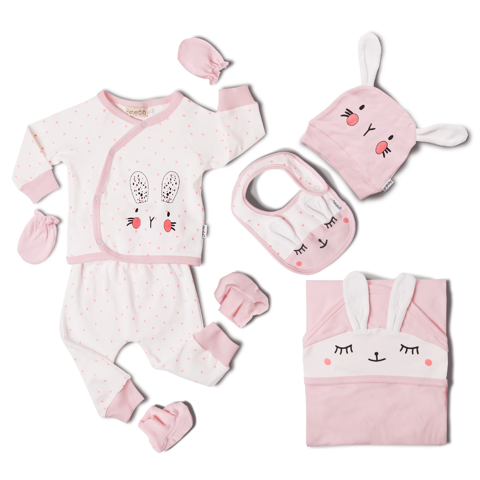 

Spot shipping 100% Cotton7 Pieces/set Newborn Baby Cloths With Romper Hat Bibs Baby Gift Set, Pink