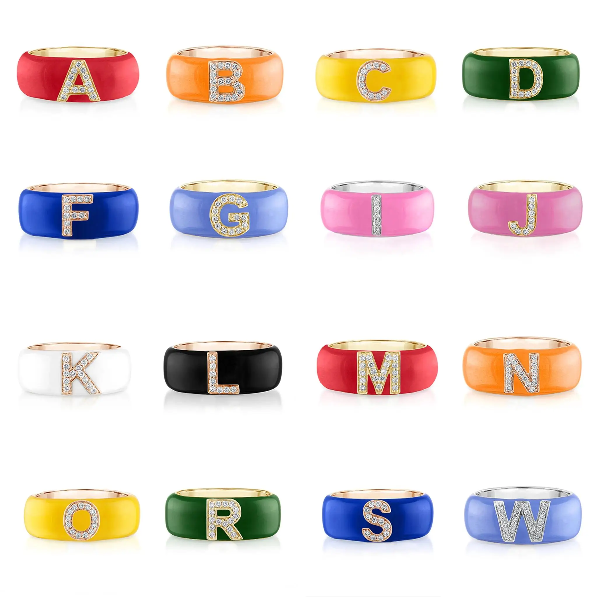 

gold plated pink blue enamel band clear cz personalized name 26 initial letters ring for women, Customized