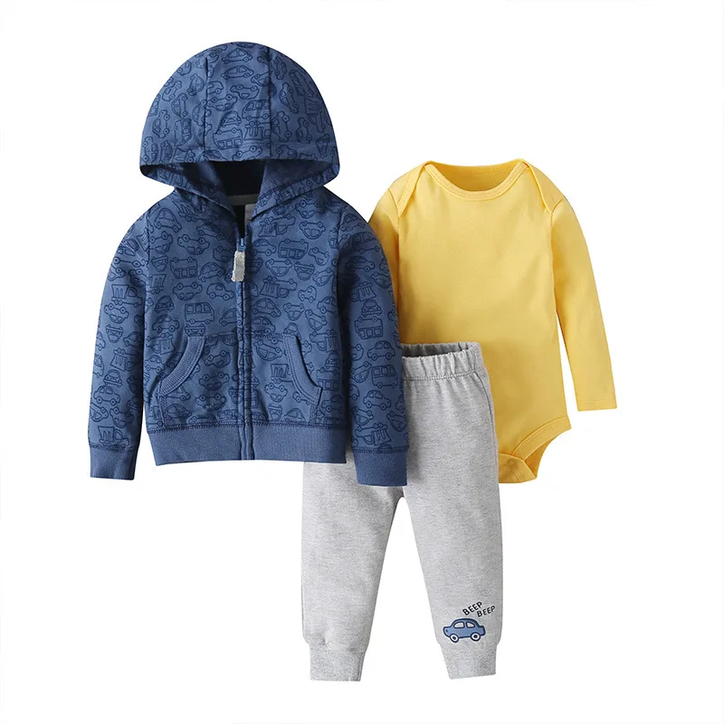 

Spring and autumn boy three-piece set baby suit fashion casual boy clothes Long sleeve hooded jacket pants romper sets
