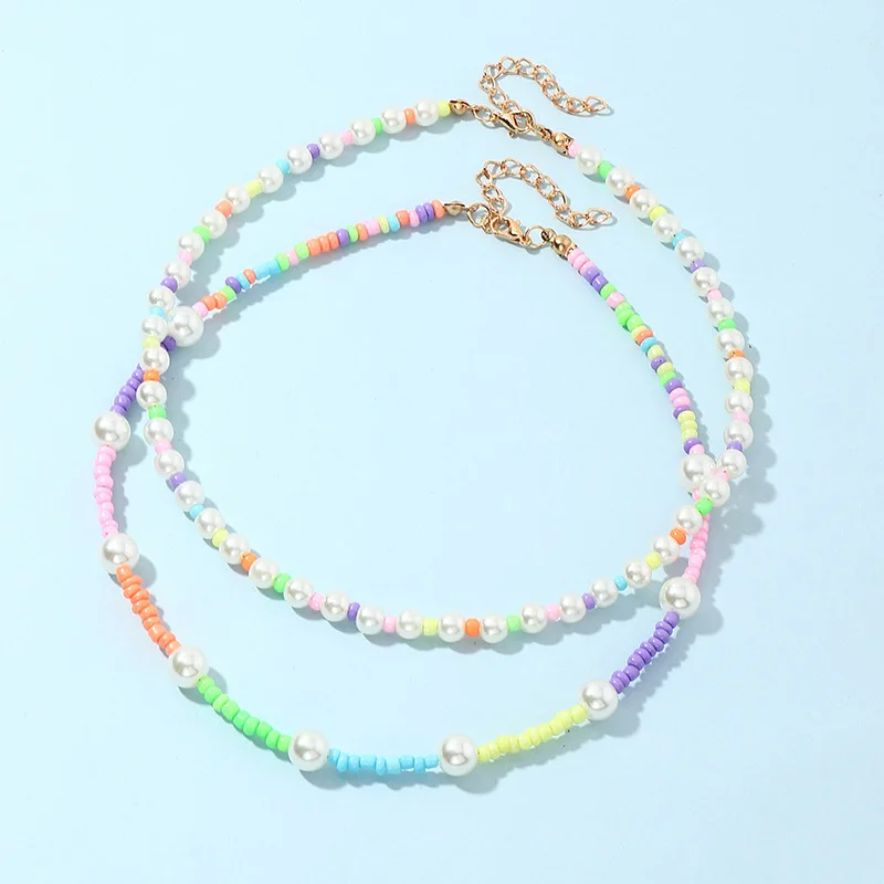 

New Custom Handmade Rainbow Bead Necklaces Fashion Pearl Beaded Choker Jewelry Sets For Kids Girls, Multi