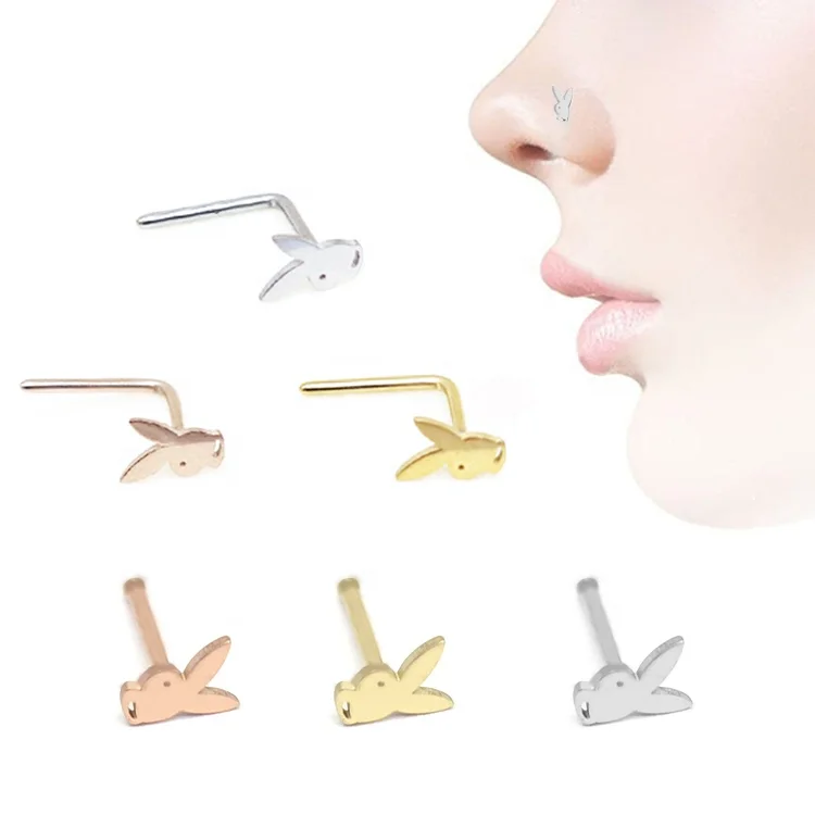 

Xjy OEM 316L rabbit stainless steel nose ring bunny nose pin L bend piercing jewelry for woman man, Silver gold rose gold