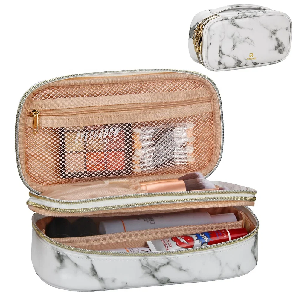 

Free Dropshipping Relavel Small 2 Layers Compact Travel Makeup Bag Cosmetic Storage Brush Holder Organizers Pouch Case for Women Girls, Marble white