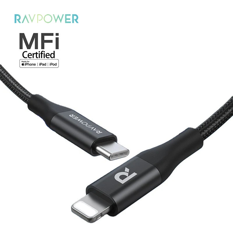 

RAVPower RP-CB054 type-c PD fast charging mobile phone cables PVC+Nylon braid phone charger data cable with MFi for iPhone, Black