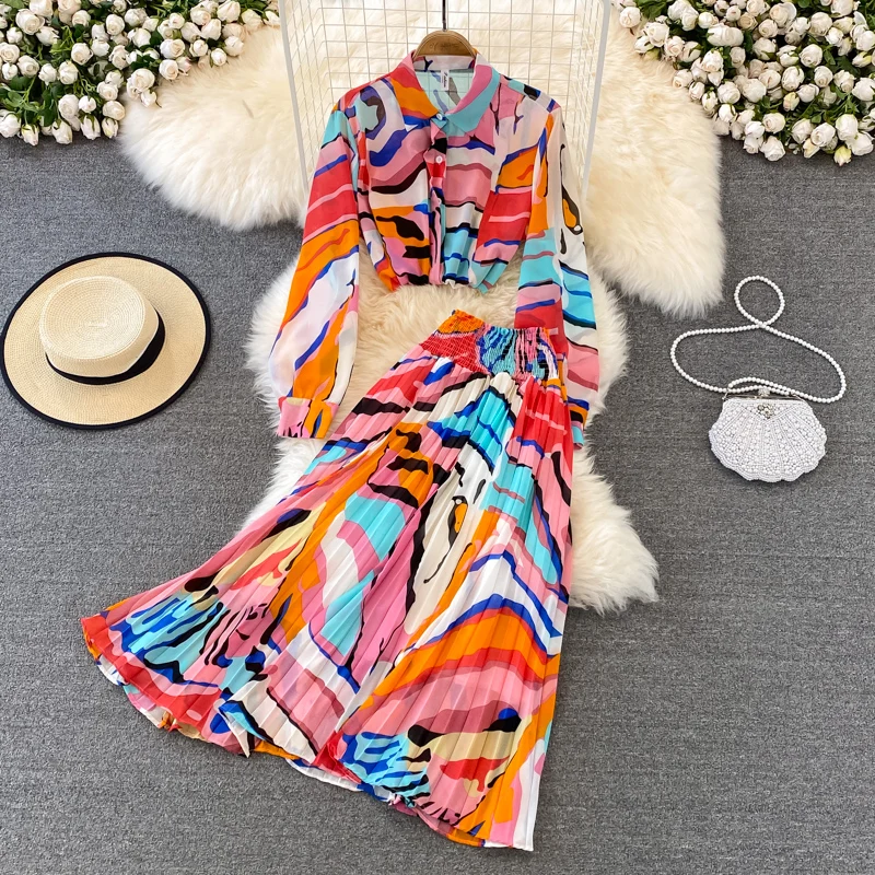 

Casual Fashion Set Women Long Sleeve Printed Chiffon Shirt Two Piece High Waist Half Skirt 2 Piece Set