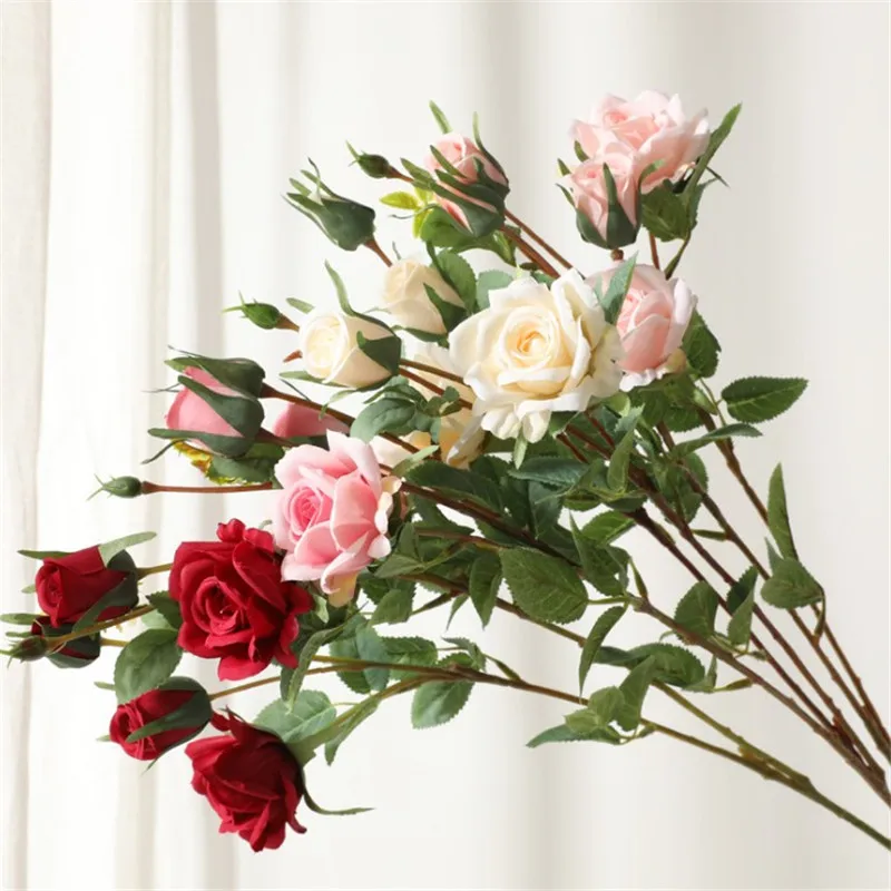 

Holding simulation single branch 2 fork 6 heads silk roses flowers for home decoration wedding flowers