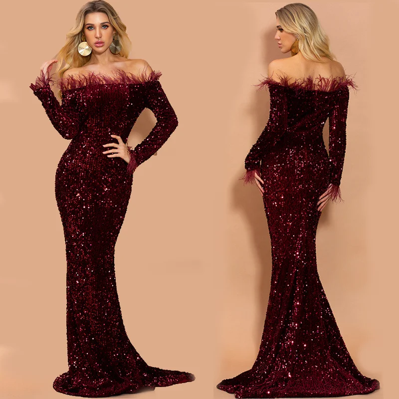 

Off Shoulder Feather Long Sleeve Mermaid Sequins Dresses Gown Long Luxury Evening Dress