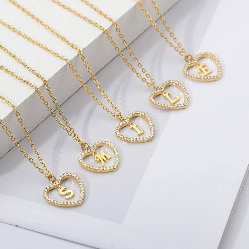 

26 Letter Pendant Necklace Gold Copper Zircon Heart Pendant Necklace for Women Jewelry Making