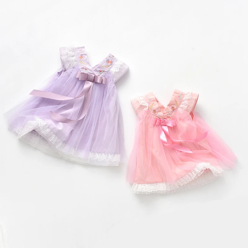 

new arrival Hot sale lace Embroidered flower baby princess girls' muslin dresses, Pink/purple
