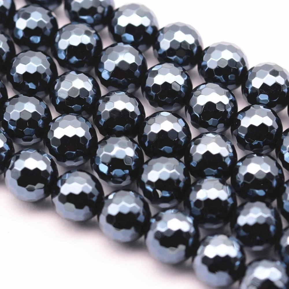 

6~12mm Electroplated Black Onyx Agate Faceted Round Gemstone Loose Beads 15.5'' per strand