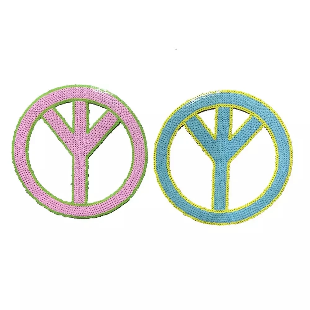 

New custom round 21cm Pink Blue sequins peace logo patch iron embroidery Decal