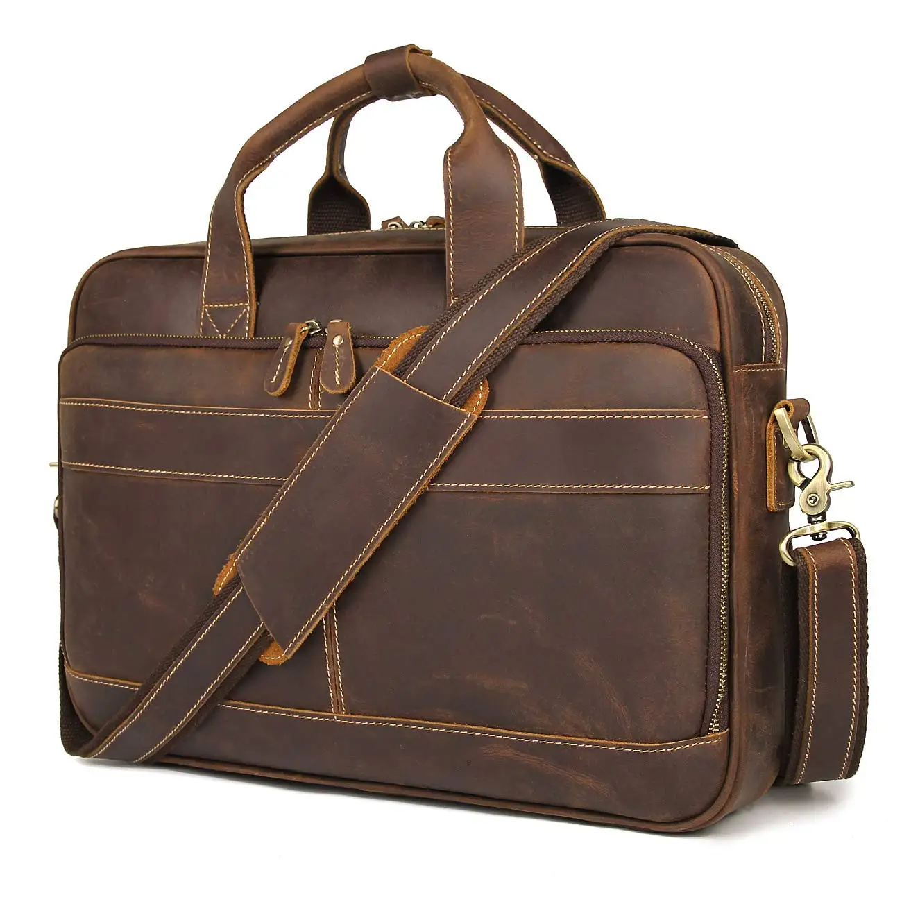 

Crazy Horse Leather Handbag Mens Laptop Bag Messenger Bag, Brown