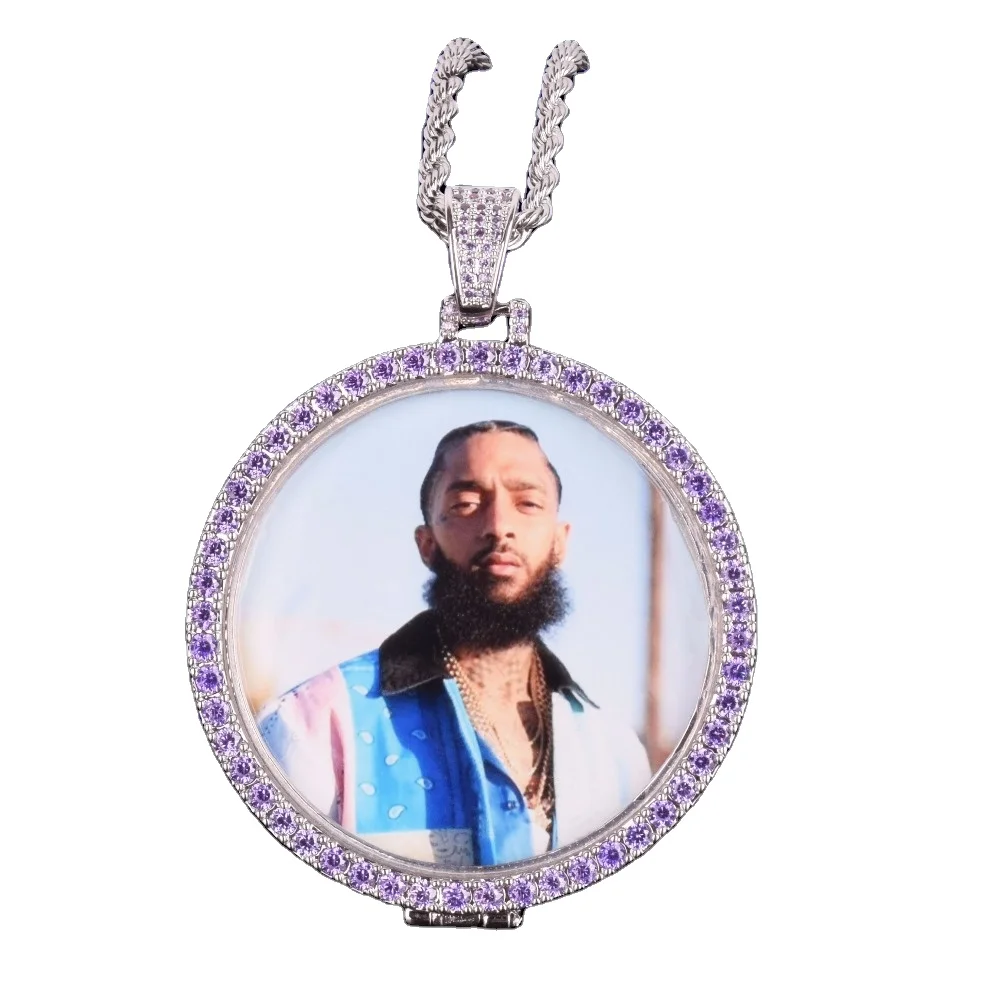 

personalized round Photo frame Medallions picture Pendant memory Necklace blank lockets purple Iced Out Cubic Zircon, Custom colors accepted