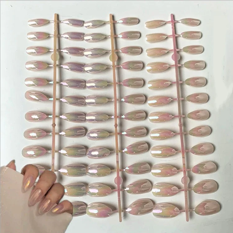 

New Design Full Cover Long Acrylic False French Ballerina Almond Extended Medium Art Salon Aurora Mirror 24Pcs Nail Tips, 2colors