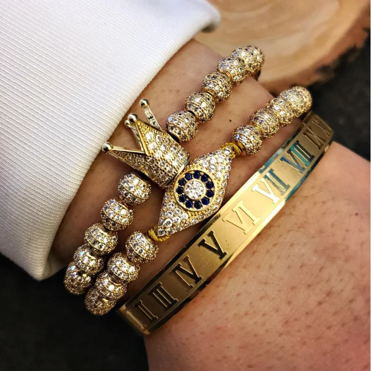 

Luxury 3Pcs/Set Gold Plated Stainless Steel Roman Numeral Bangle Full Diamond Evil Eyes Beads Bracelets CZ Crown Charm Bracelets