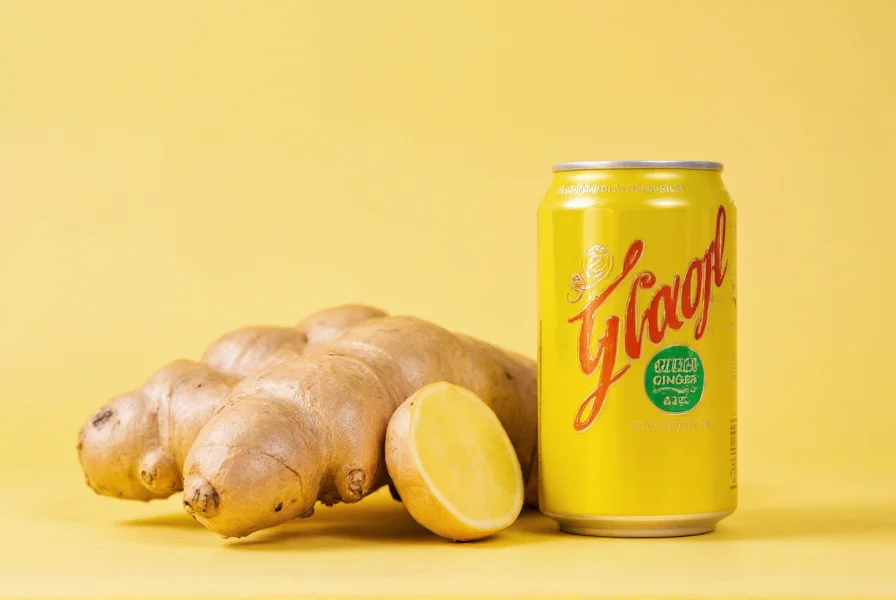 Close-up of fresh ginger root next to a can of ginger ale showing the difference between natural ginger and commercial beverage